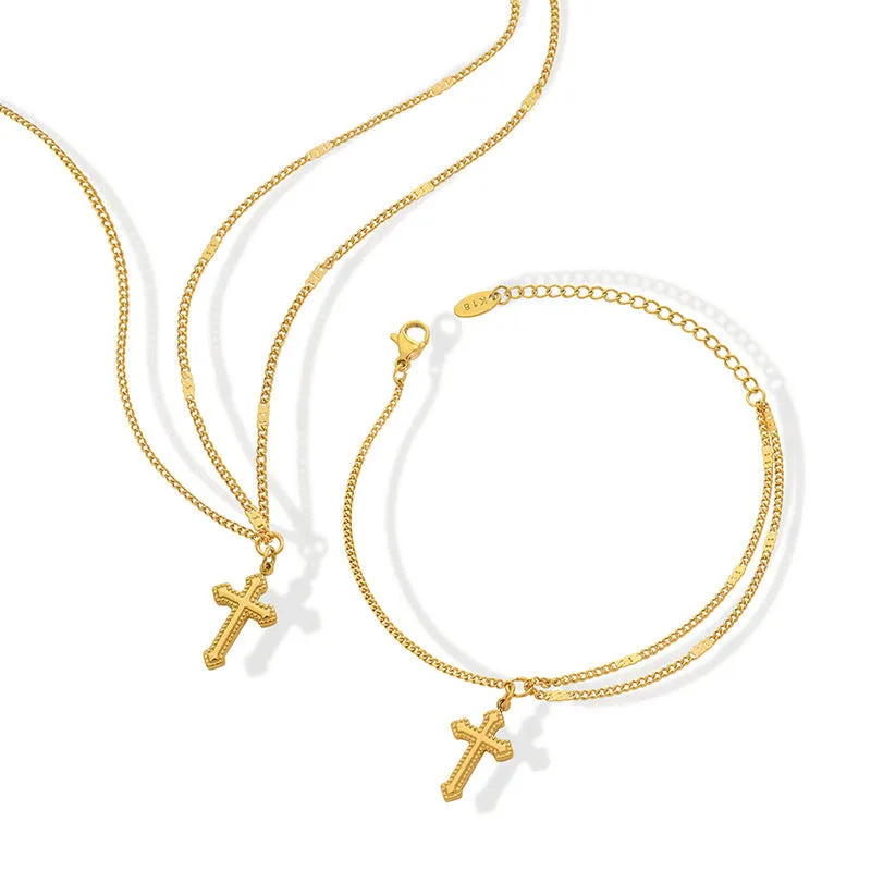 18k Gold Exquisite Cross Design Necklace Bracelet Set