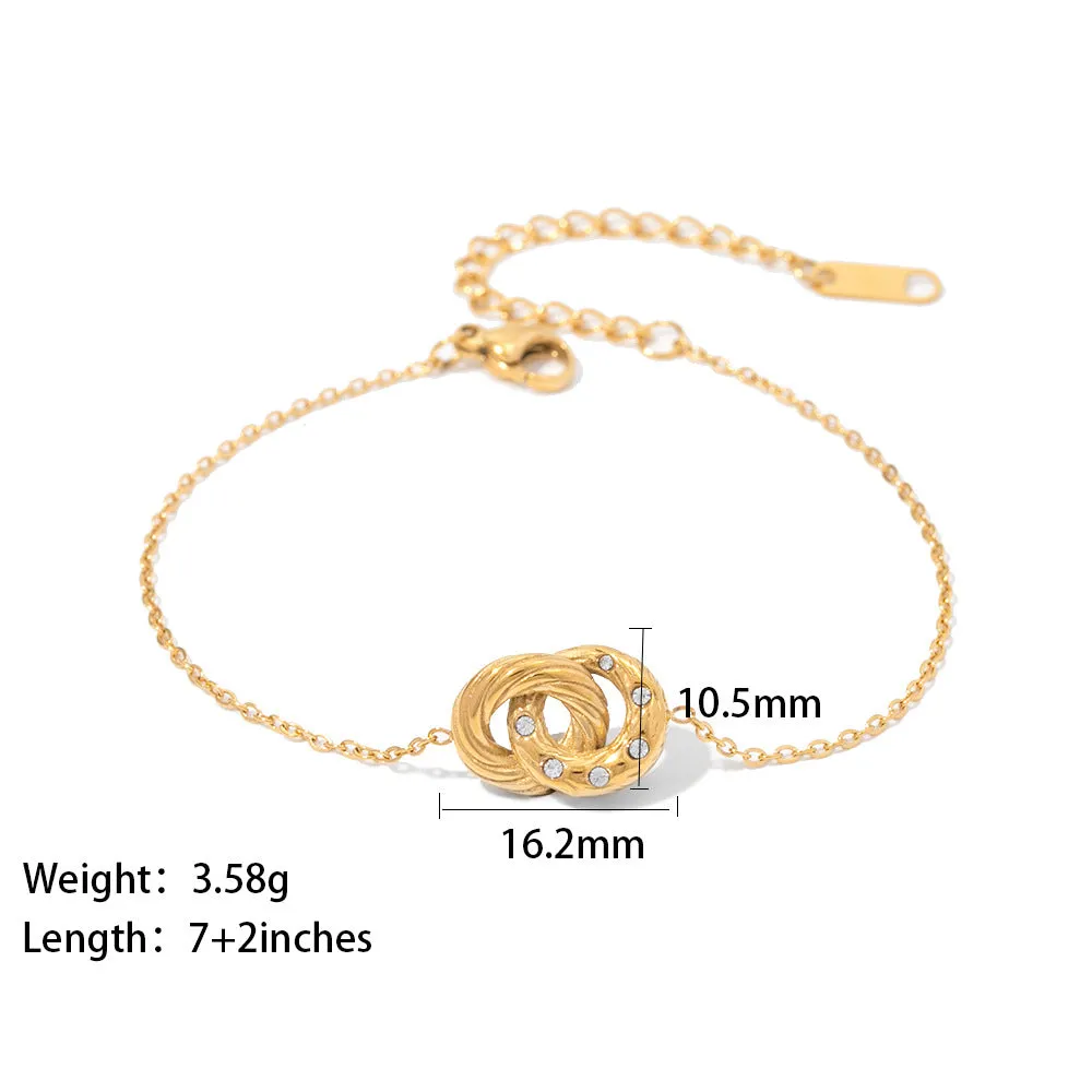 18K Gold Plated White Diamond Double Circle Pendant Bracelet