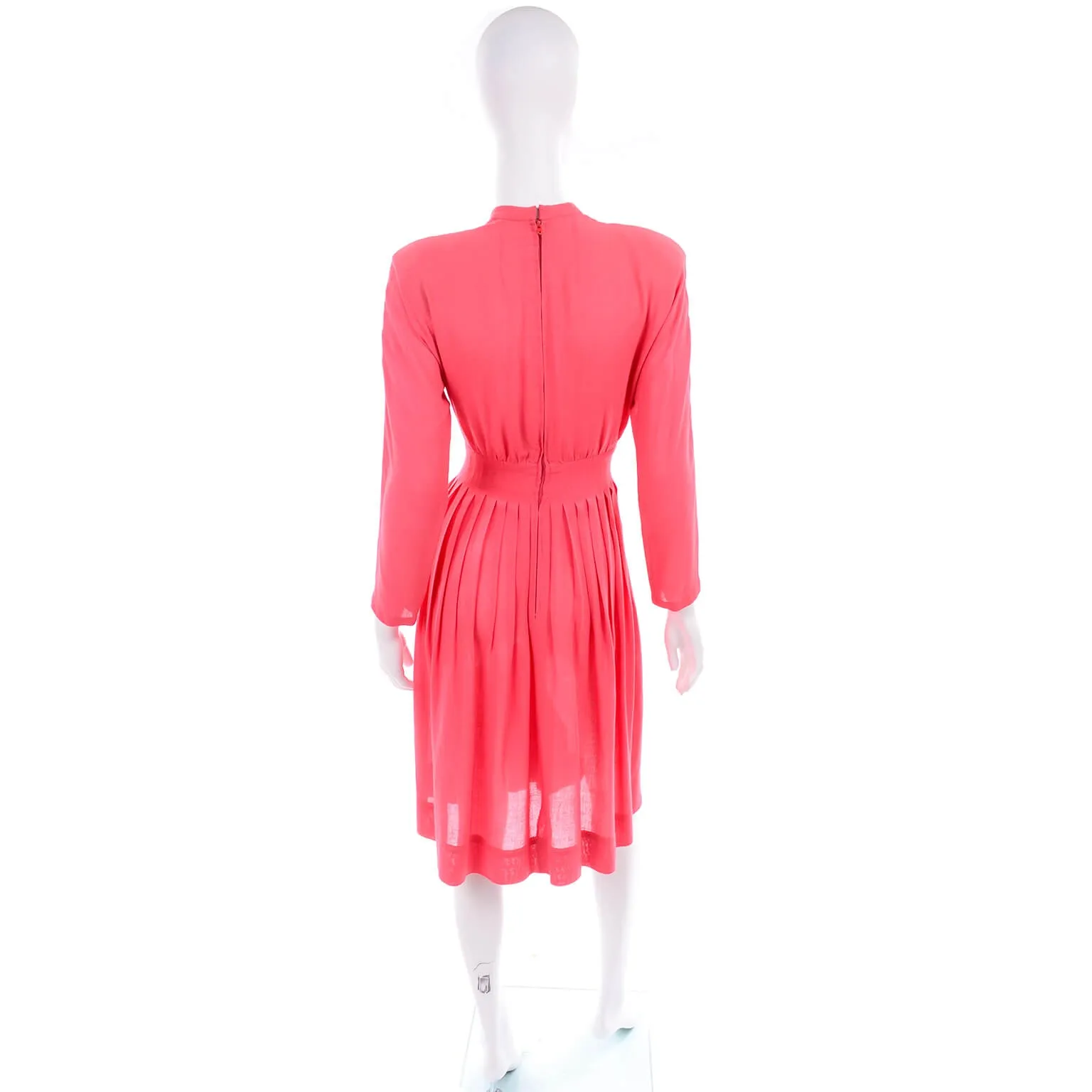 1970s Pauline Trigere Salmon Pink Dress w/ Keyhole Slit & Pleated Skirt