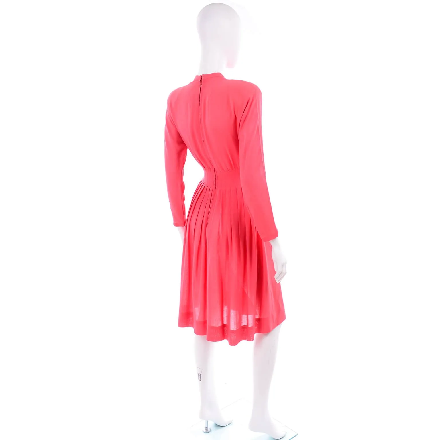 1970s Pauline Trigere Salmon Pink Dress w/ Keyhole Slit & Pleated Skirt