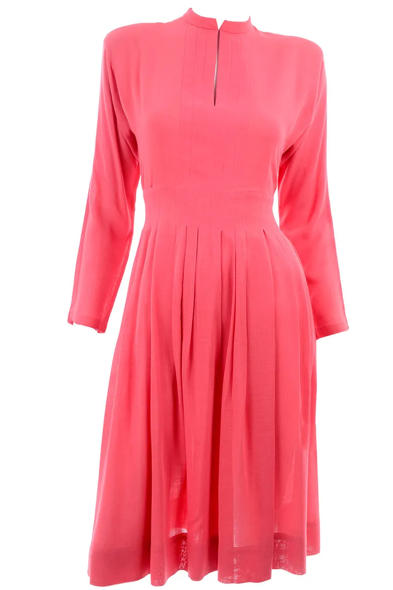 1970s Pauline Trigere Salmon Pink Dress w/ Keyhole Slit & Pleated Skirt