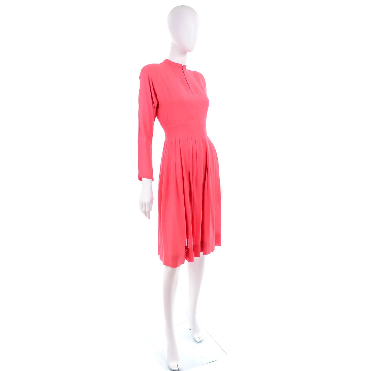 1970s Pauline Trigere Salmon Pink Dress w/ Keyhole Slit & Pleated Skirt