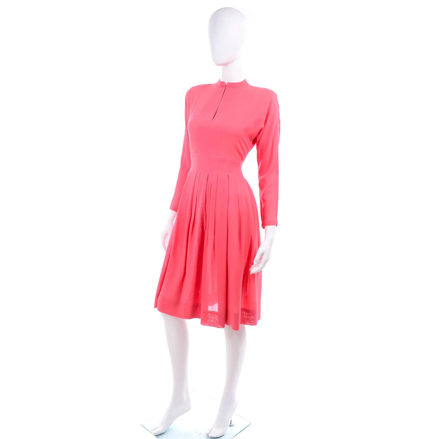 1970s Pauline Trigere Salmon Pink Dress w/ Keyhole Slit & Pleated Skirt