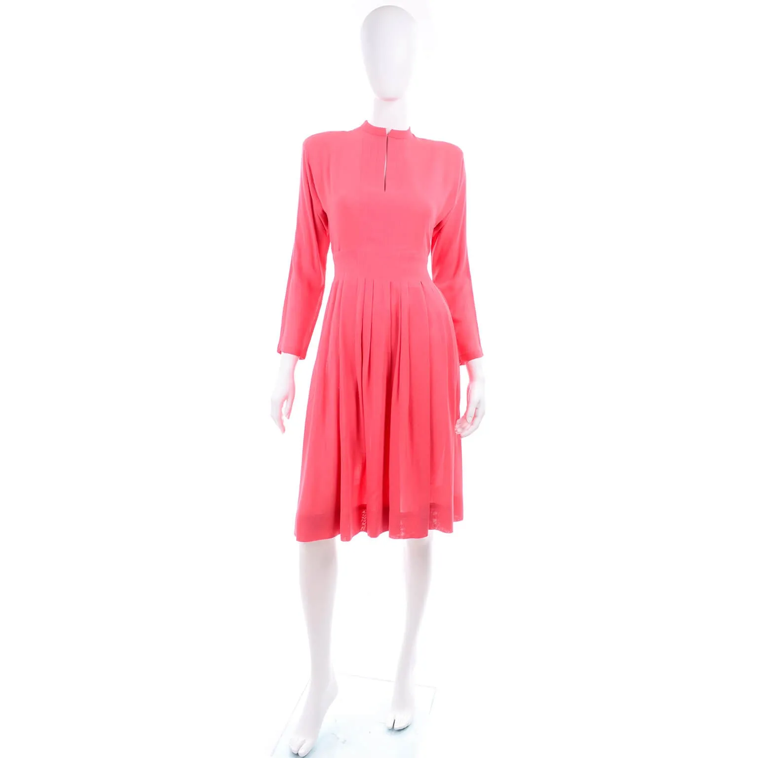 1970s Pauline Trigere Salmon Pink Dress w/ Keyhole Slit & Pleated Skirt