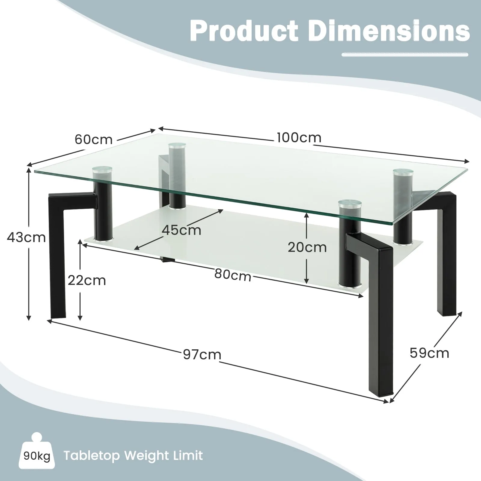 2-Tier Tempered Glass CoffeeBlack Table with Storage Shelf and Metal Legs -Black