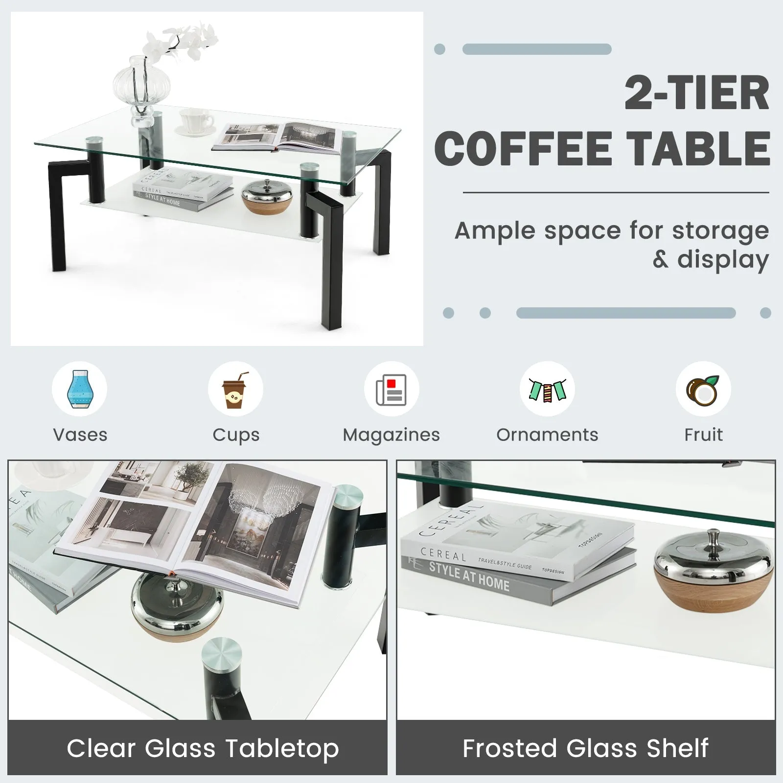 2-Tier Tempered Glass CoffeeBlack Table with Storage Shelf and Metal Legs -Black