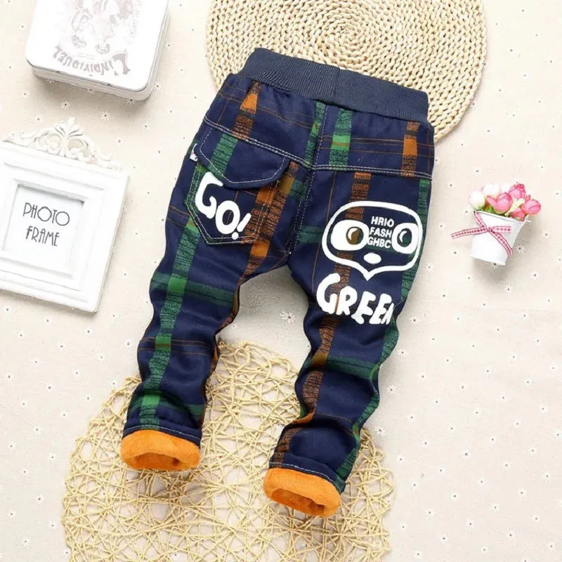 2024 Baby Boys Pants Plaid Cartoon Autumn Winter Children Thick Warm Cotton Pant Kids Casual Cotton Trousers Soft Boy Jeans 0-2y