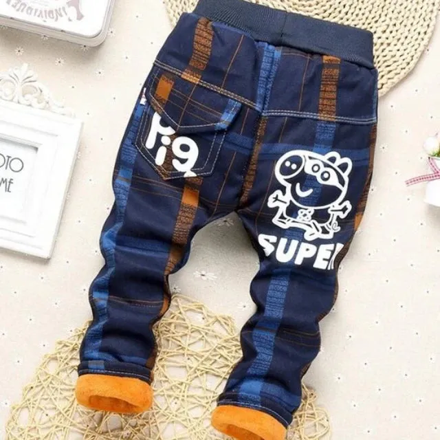 2024 Baby Boys Pants Plaid Cartoon Autumn Winter Children Thick Warm Cotton Pant Kids Casual Cotton Trousers Soft Boy Jeans 0-2y