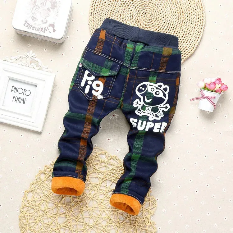 2024 Baby Boys Pants Plaid Cartoon Autumn Winter Children Thick Warm Cotton Pant Kids Casual Cotton Trousers Soft Boy Jeans 0-2y