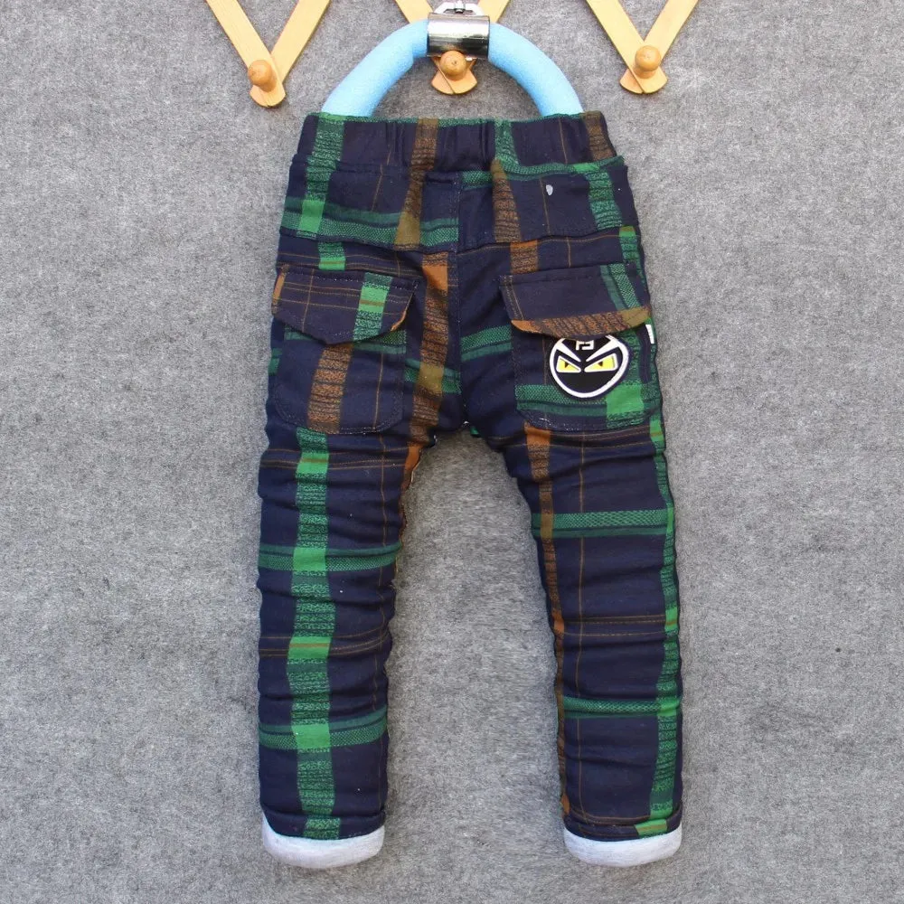 2024 Baby Boys Pants Plaid Cartoon Autumn Winter Children Thick Warm Cotton Pant Kids Casual Cotton Trousers Soft Boy Jeans 0-2y