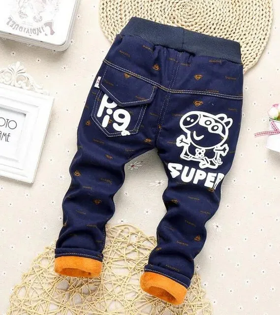 2024 Baby Boys Pants Plaid Cartoon Autumn Winter Children Thick Warm Cotton Pant Kids Casual Cotton Trousers Soft Boy Jeans 0-2y