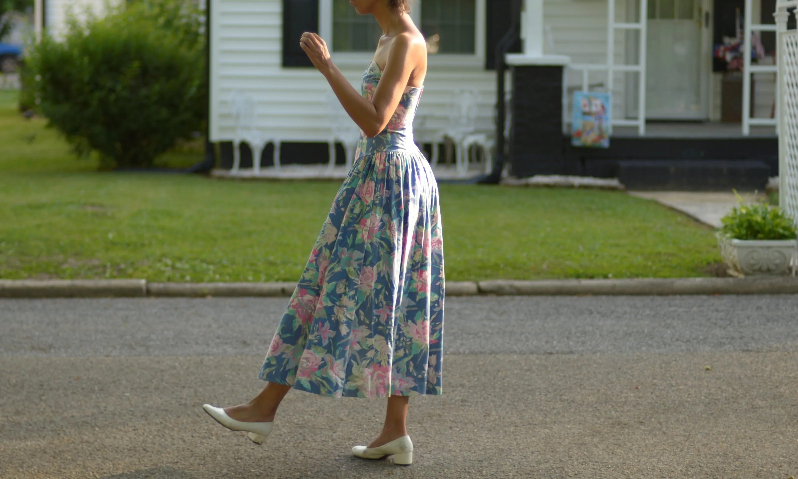 80s Laura Ashley cotton floral fit and flare strapless dress, small