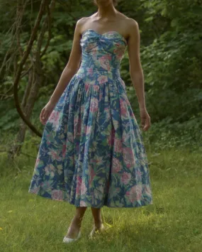 80s Laura Ashley cotton floral fit and flare strapless dress, small