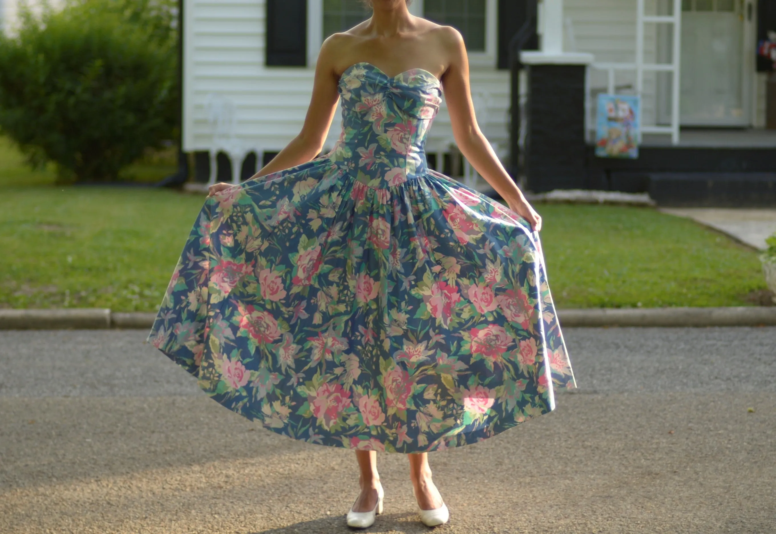 80s Laura Ashley cotton floral fit and flare strapless dress, small