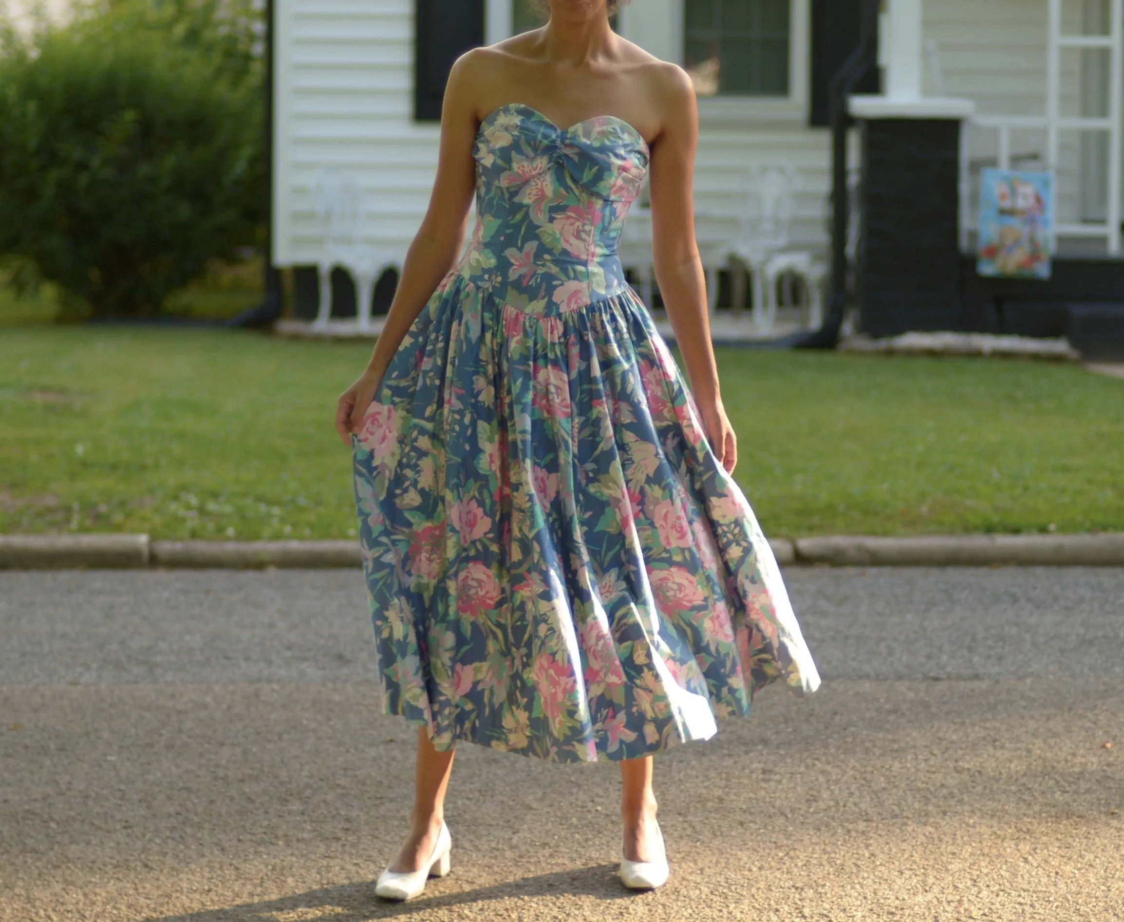 80s Laura Ashley cotton floral fit and flare strapless dress, small