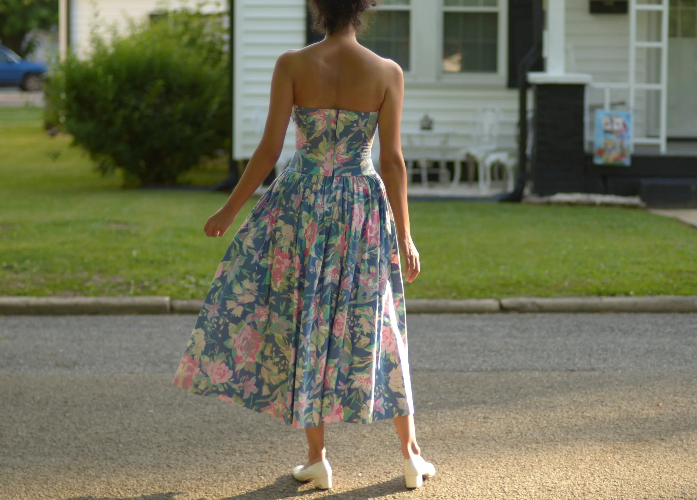 80s Laura Ashley cotton floral fit and flare strapless dress, small