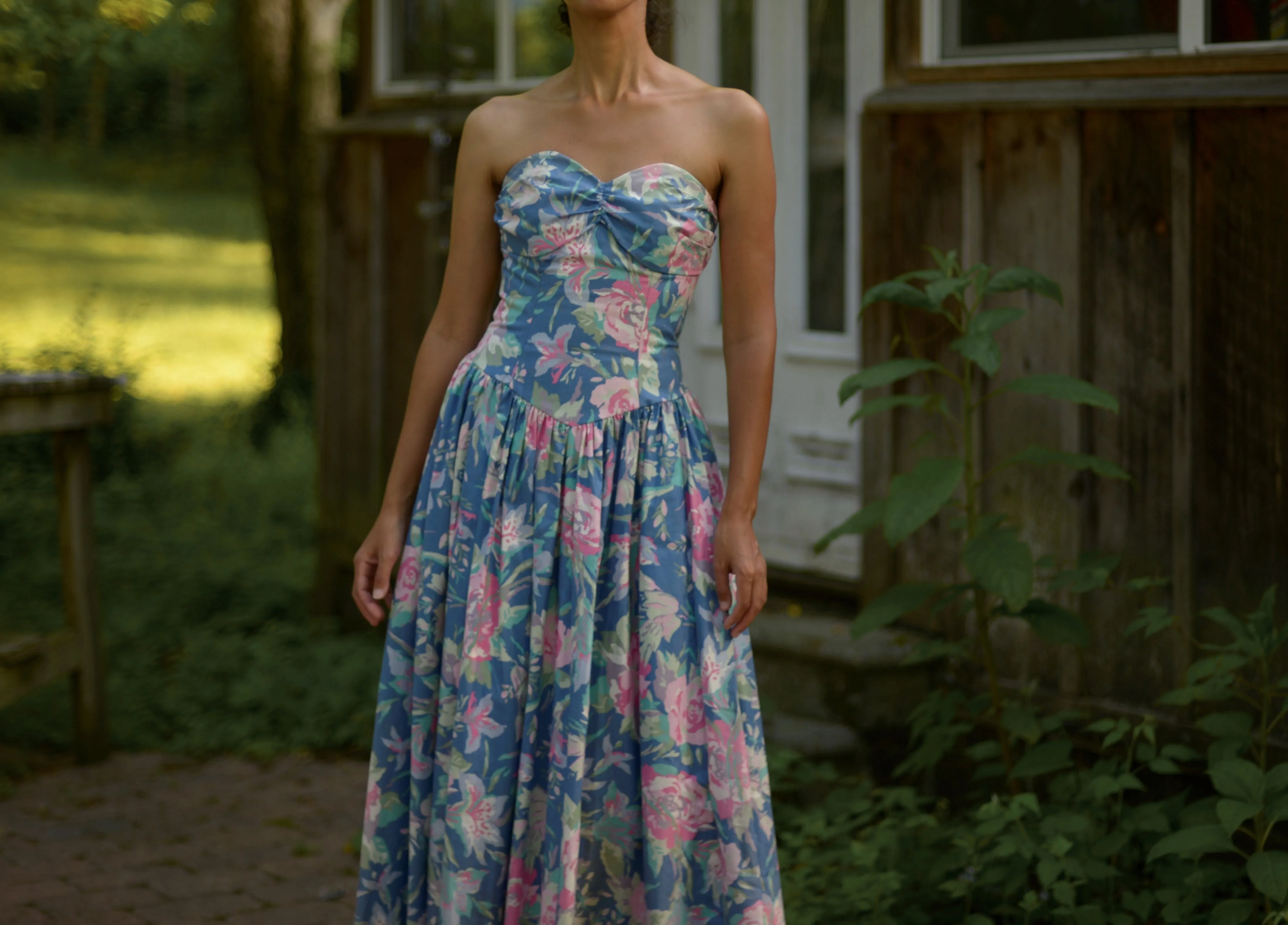 80s Laura Ashley cotton floral fit and flare strapless dress, small