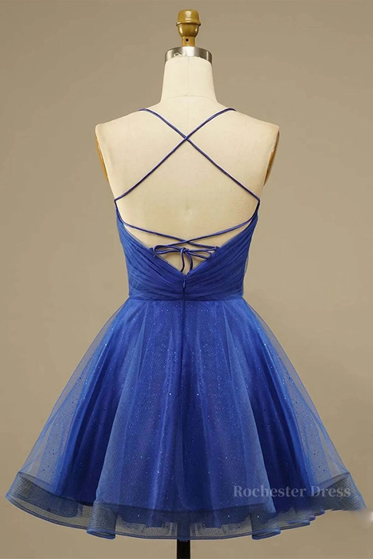 A Line V Neck Backless Blue Tulle Prom Dress, Backless Blue Homecoming Dress, Short Blue Formal Evening Dress