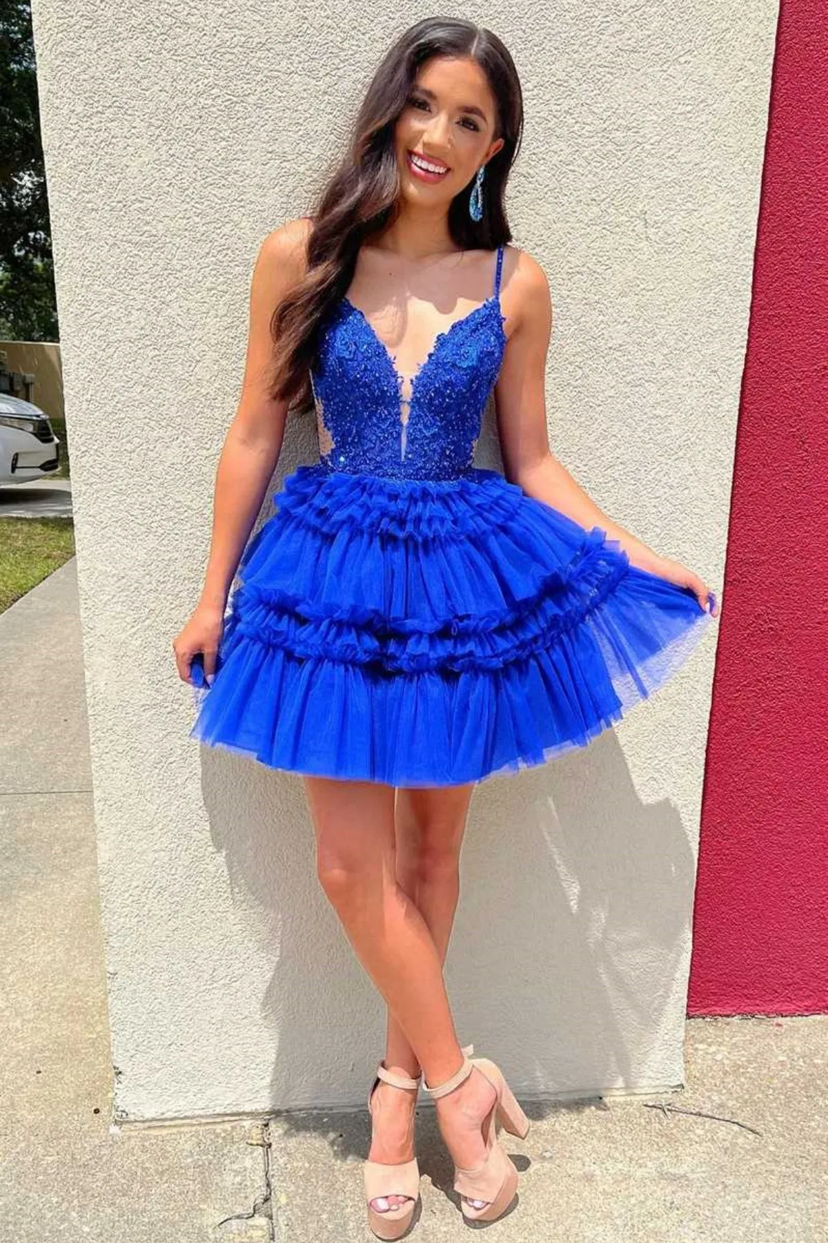 A Line V Neck Beaded Blue Lace Prom Dress, Short Blue Lace Homecoming Dress, Blue Formal Evening Dress A2173