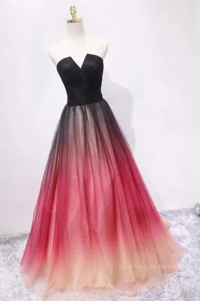 A Line V Neck Open Back Ombre Long Prom Dress, Backless Ombre Formal Graduation Evening Dress