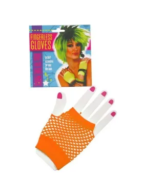 Adult Short Neon Orange Fingerless Fishnet Gloves