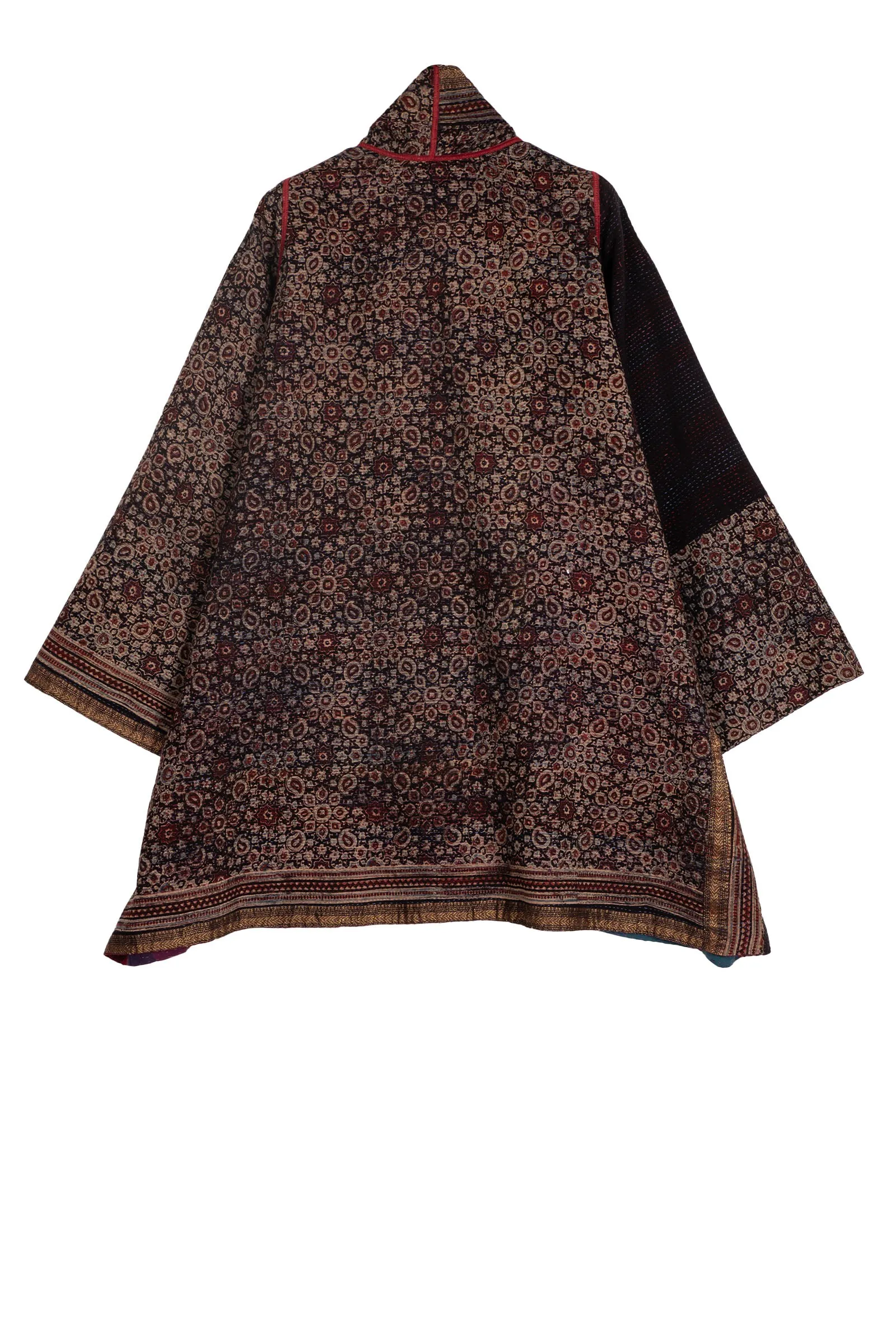 AJRAKH & COTTON OMBRE PATCH KANTHA A-LINE JACKET - ac2003-brn -