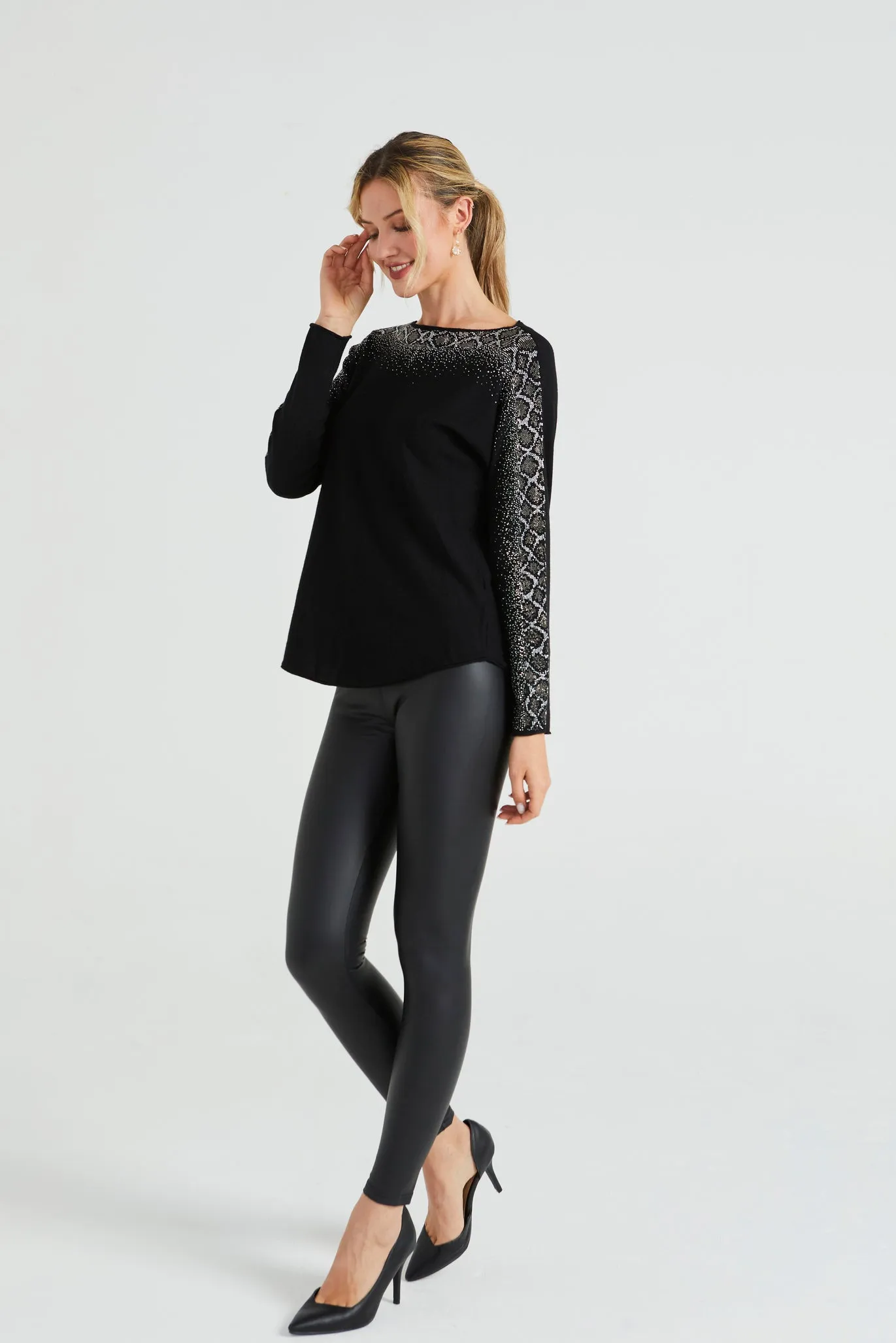 Angeleye Diamonte Neck & Sleeves Detail Jumper In Black