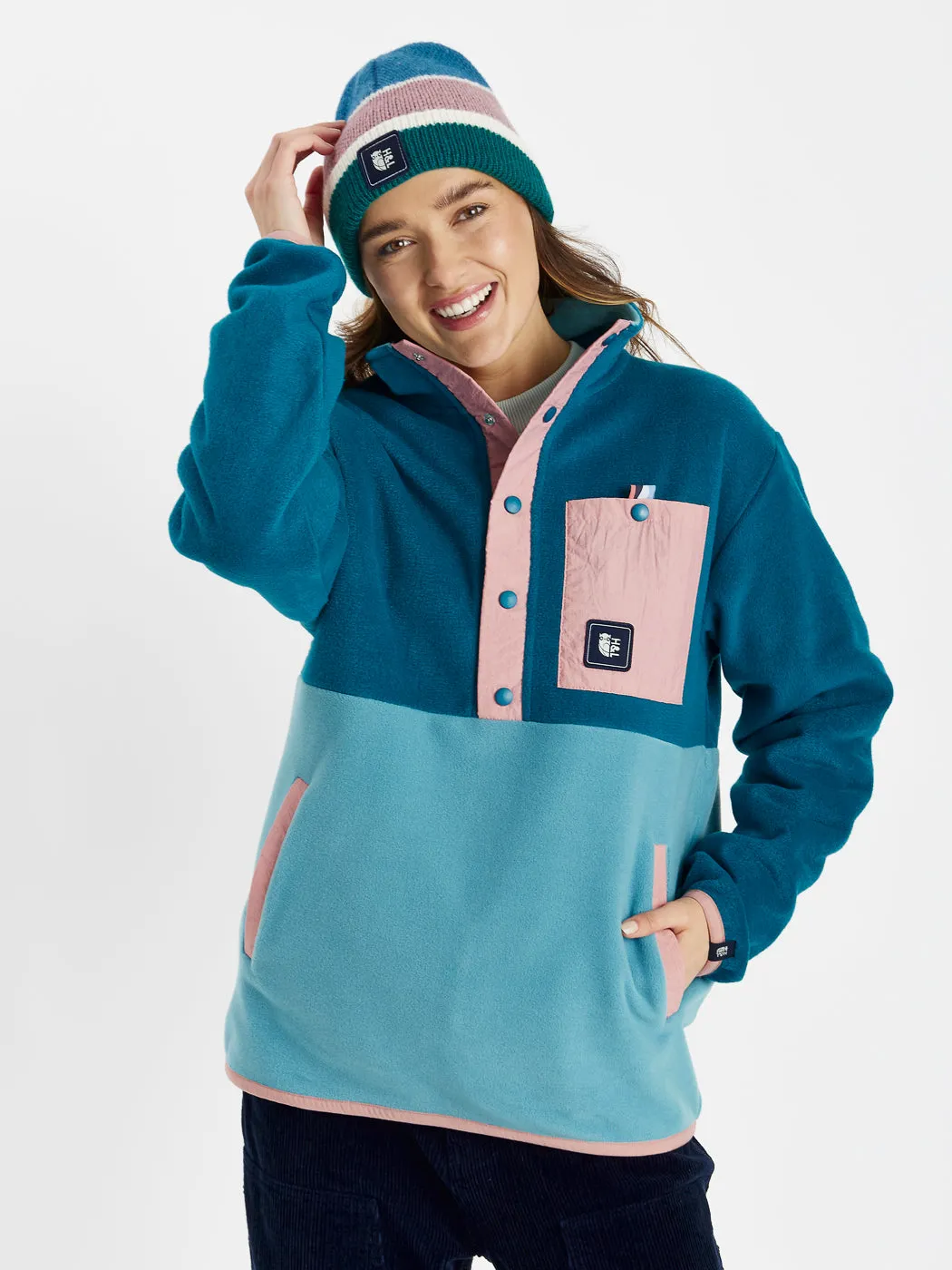 Aries Popper Neck Fleece Teal Green & Steel Blue