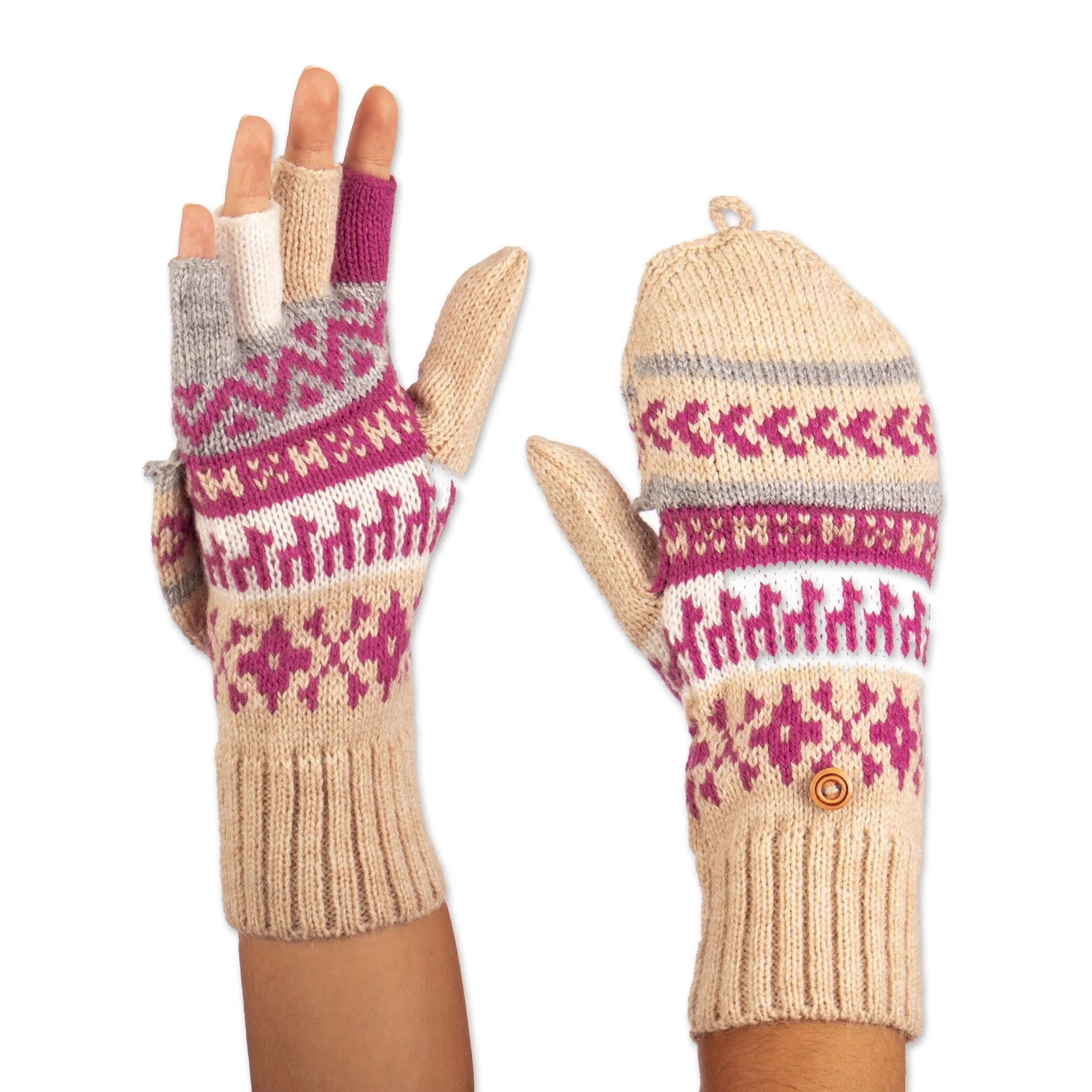 Azalea and Beige Acrylic and Alpaca Blend Convertible Gloves - Azalea Mountains | NOVICA