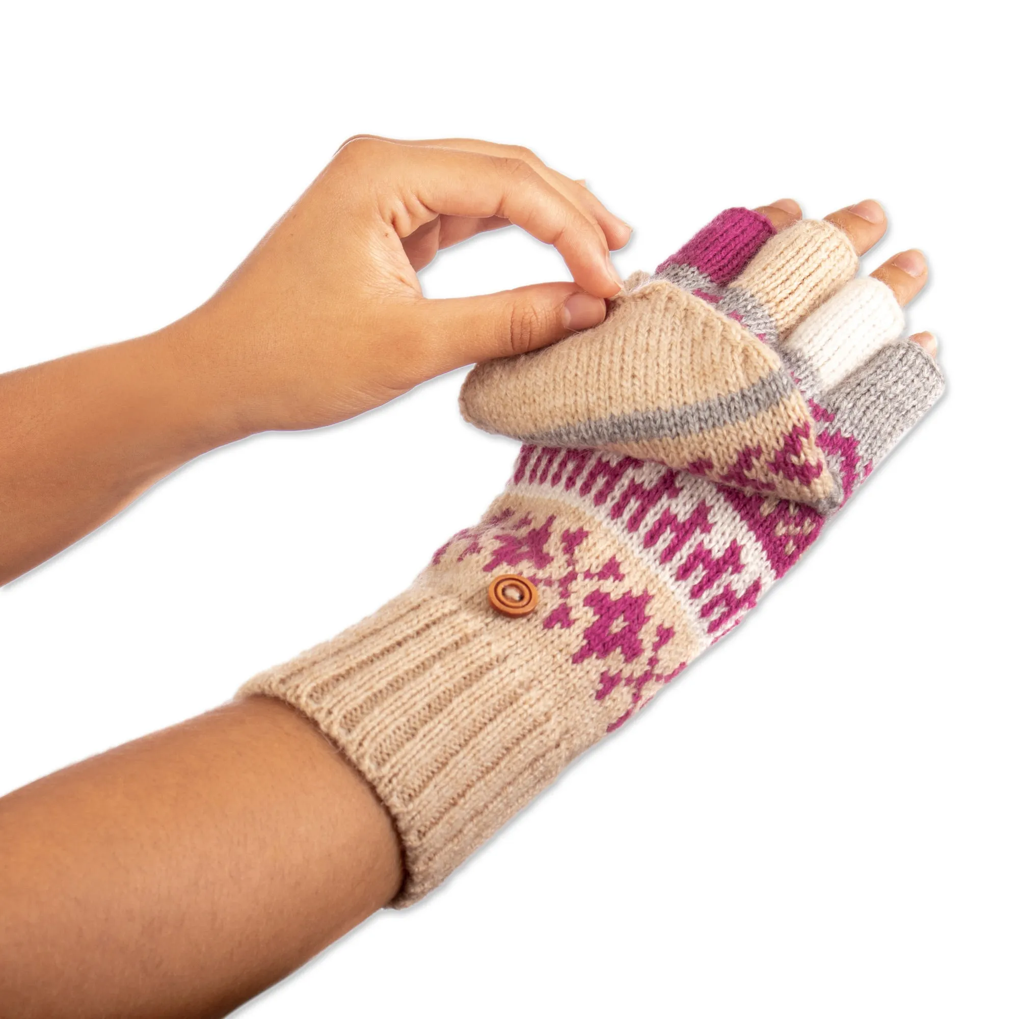 Azalea and Beige Acrylic and Alpaca Blend Convertible Gloves - Azalea Mountains | NOVICA