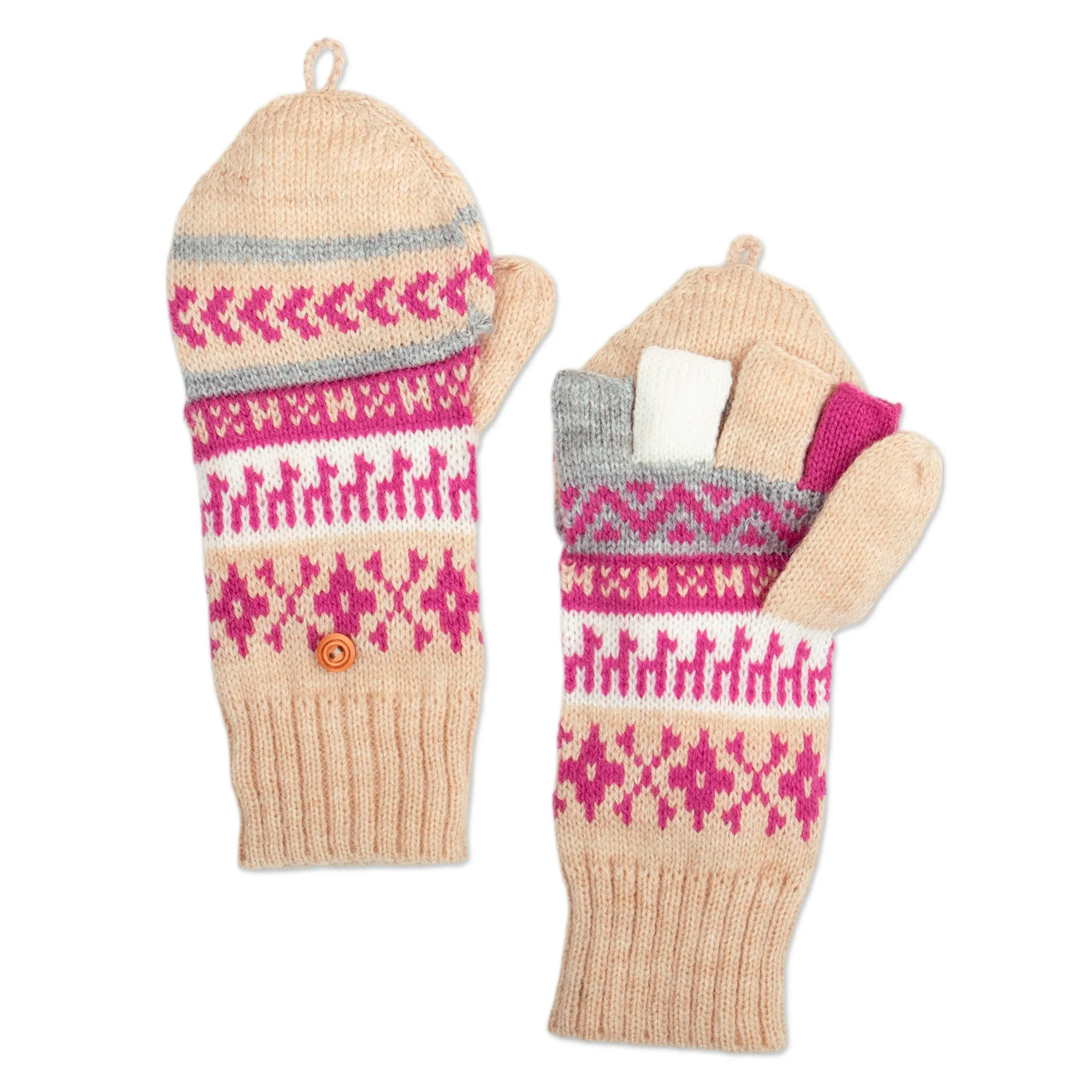 Azalea and Beige Acrylic and Alpaca Blend Convertible Gloves - Azalea Mountains | NOVICA