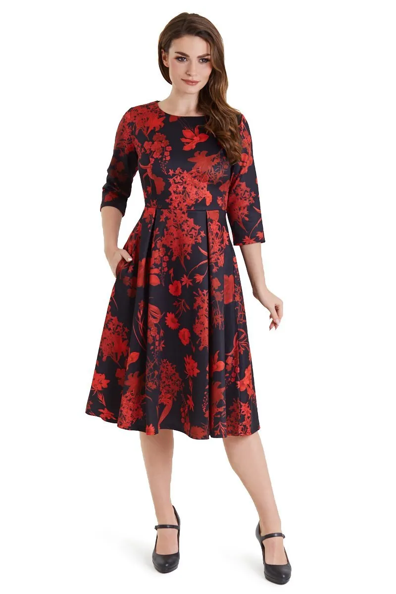 Beatrix Long Sleeved Midi Dress in Black/Red Floral