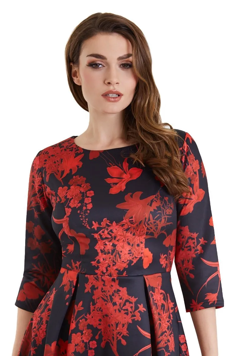 Beatrix Long Sleeved Midi Dress in Black/Red Floral