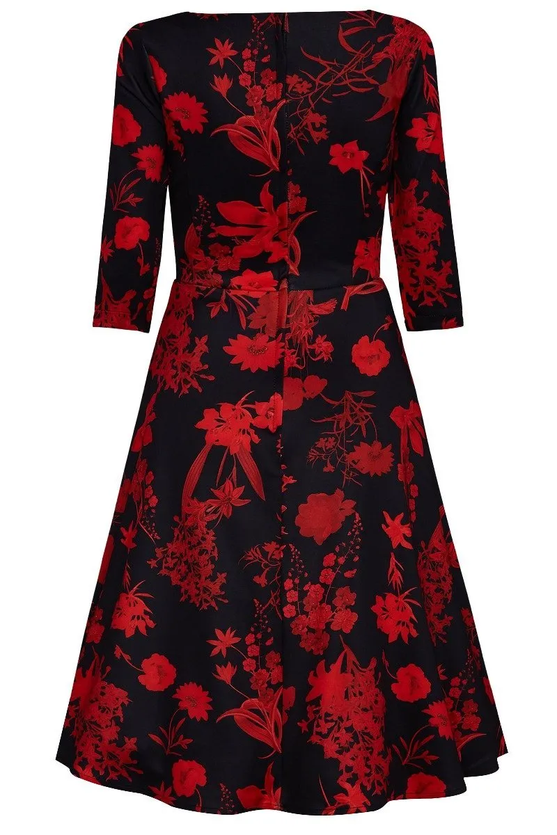 Beatrix Long Sleeved Midi Dress in Black/Red Floral