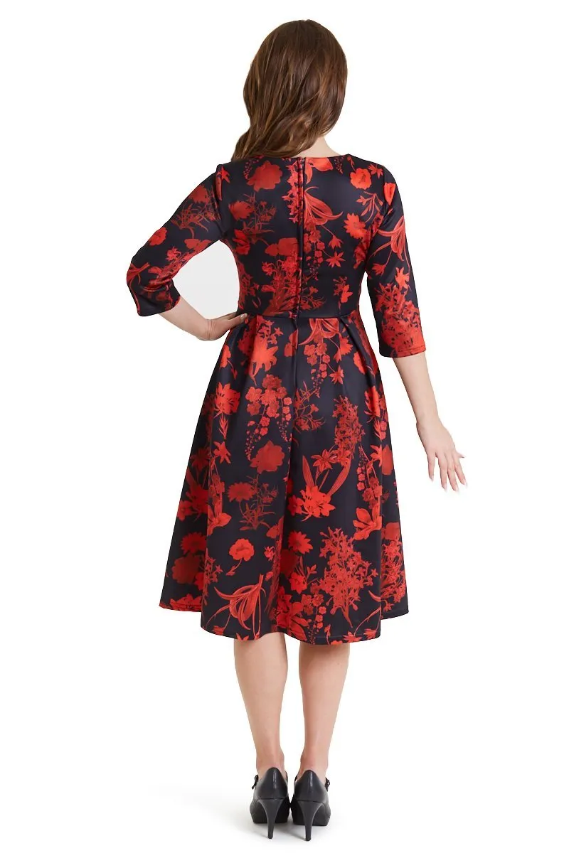 Beatrix Long Sleeved Midi Dress in Black/Red Floral