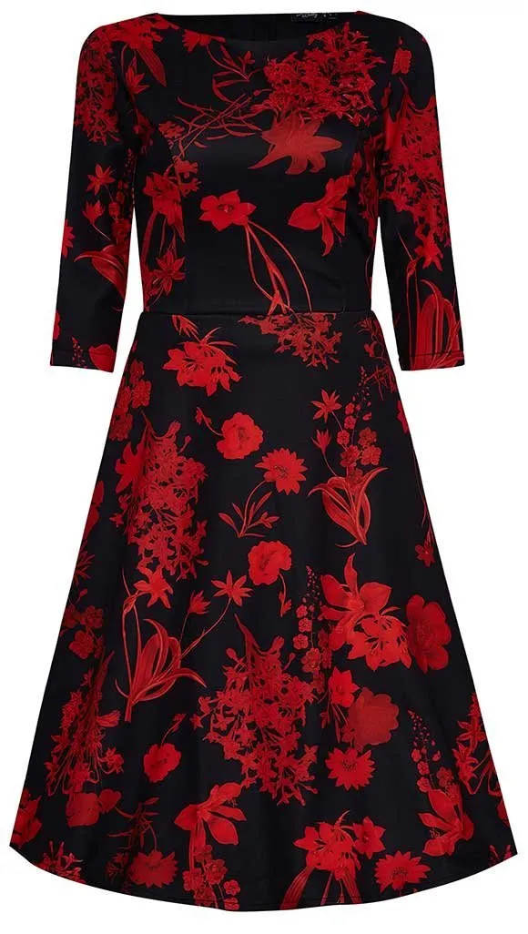 Beatrix Long Sleeved Midi Dress in Black/Red Floral