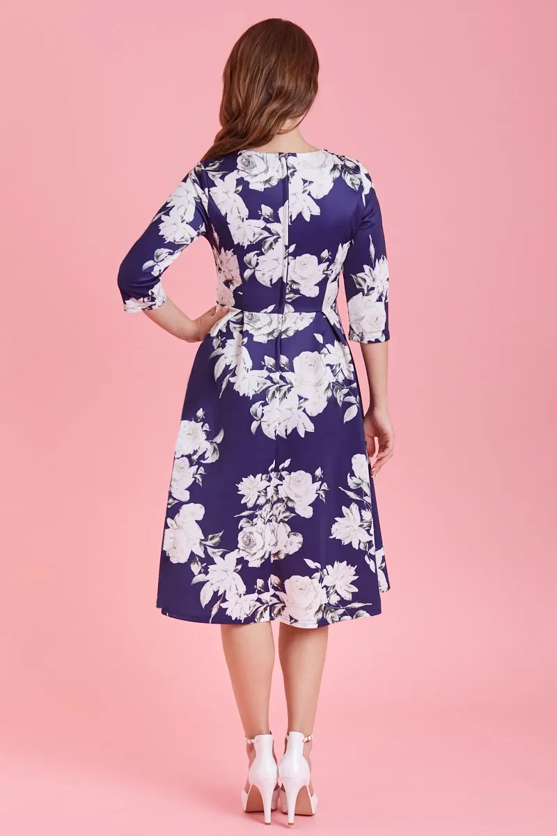 Beatrix Long Sleeved Navy & White Rose Midi Dress