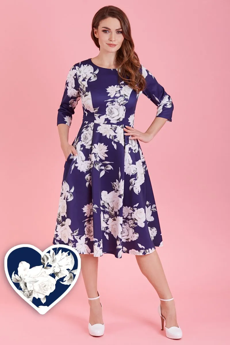 Beatrix Long Sleeved Navy & White Rose Midi Dress