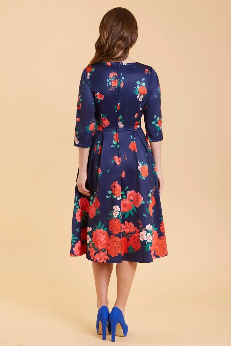 Beatrix Long Sleeved Purple & Red Floral Midi Dress