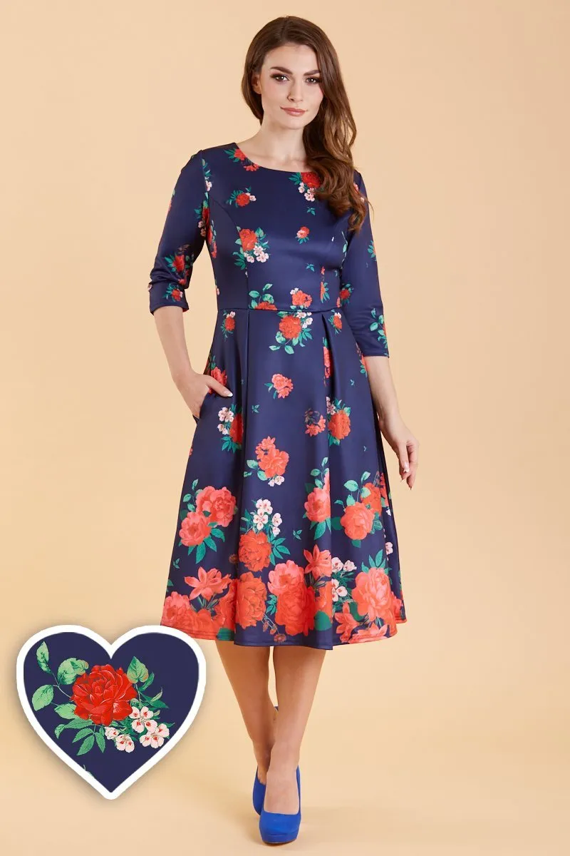 Beatrix Long Sleeved Purple & Red Floral Midi Dress