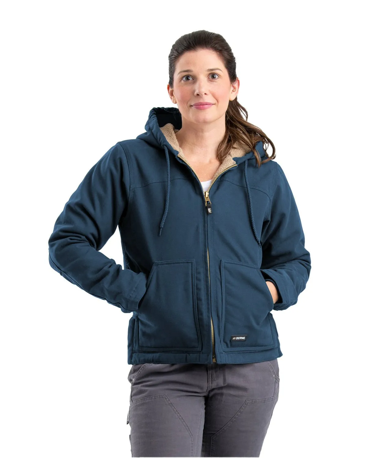 Berne Womens Sherpa-Lined Softstone Duck Hooded Midnight Rain 100% Cotton Jacket