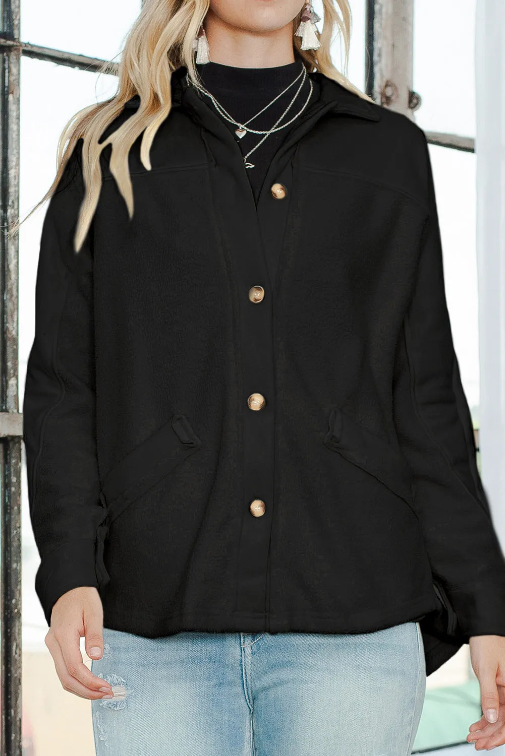 Black Button-Up Stitching Pocketed Shacket