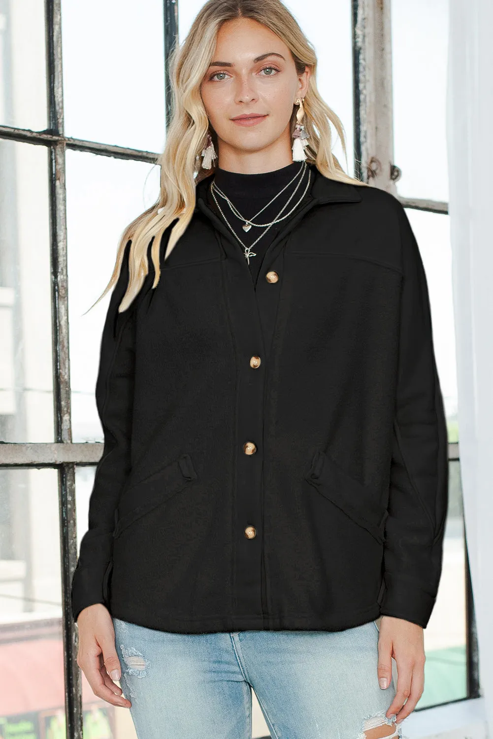 Black Button-Up Stitching Pocketed Shacket