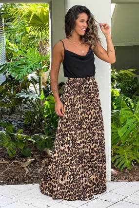 Black Draped Top Maxi Dress With Pleated Leopard Skirt