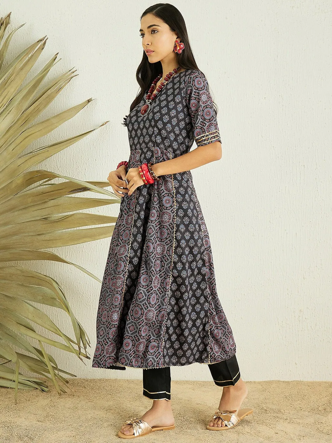 Black Floral Printed Anarkali Gotta Patti Kurta with Trousers