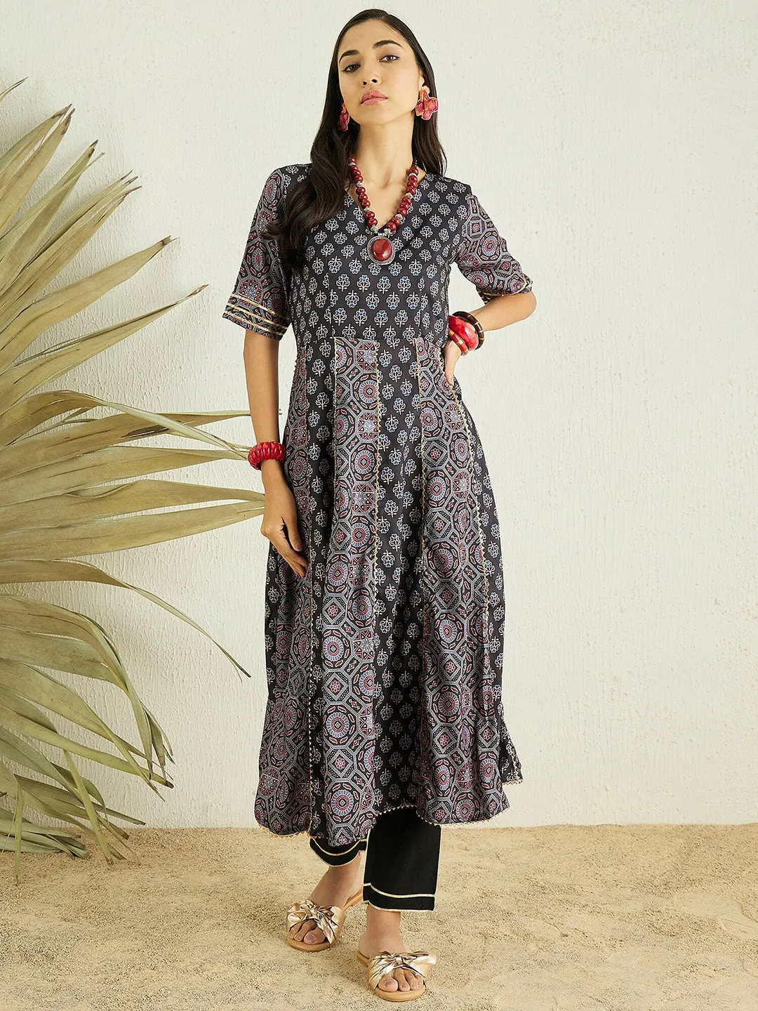 Black Floral Printed Anarkali Gotta Patti Kurta with Trousers