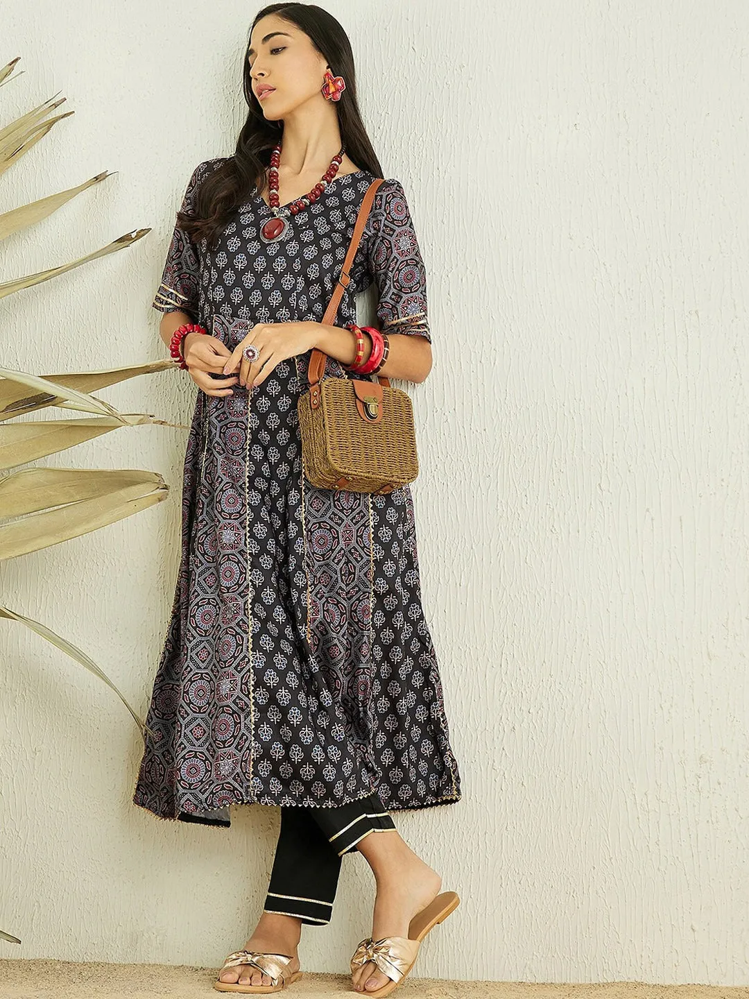 Black Floral Printed Anarkali Gotta Patti Kurta with Trousers