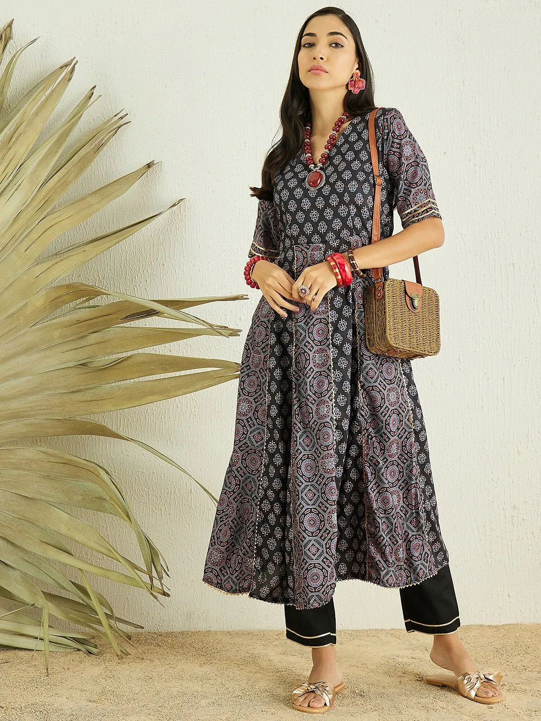 Black Floral Printed Anarkali Gotta Patti Kurta with Trousers