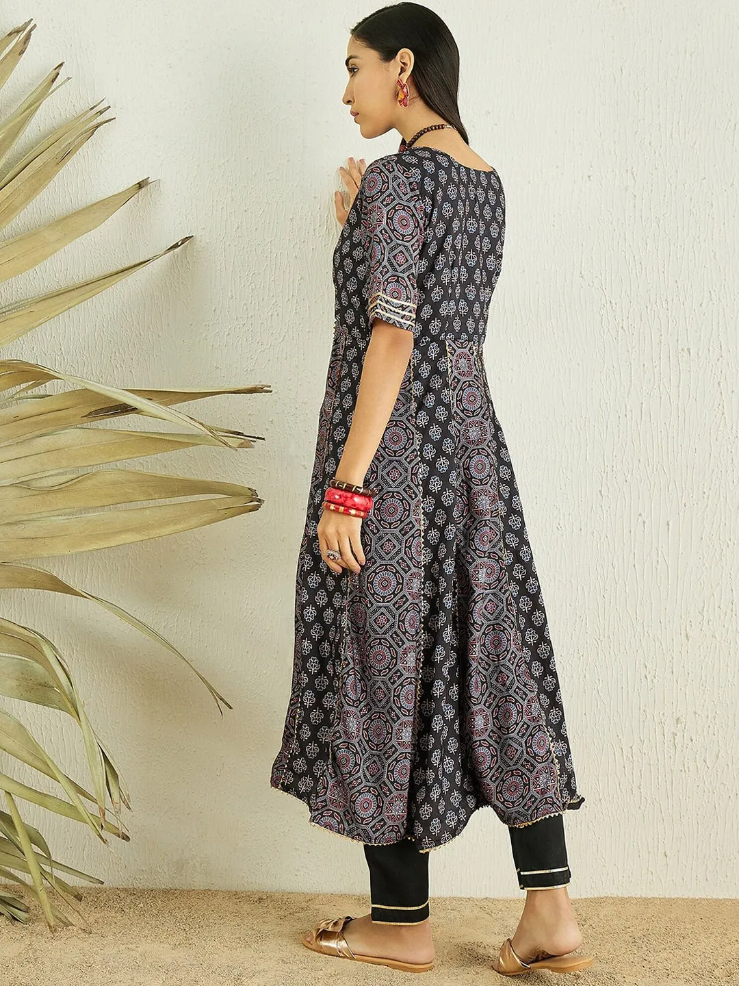 Black Floral Printed Anarkali Gotta Patti Kurta with Trousers