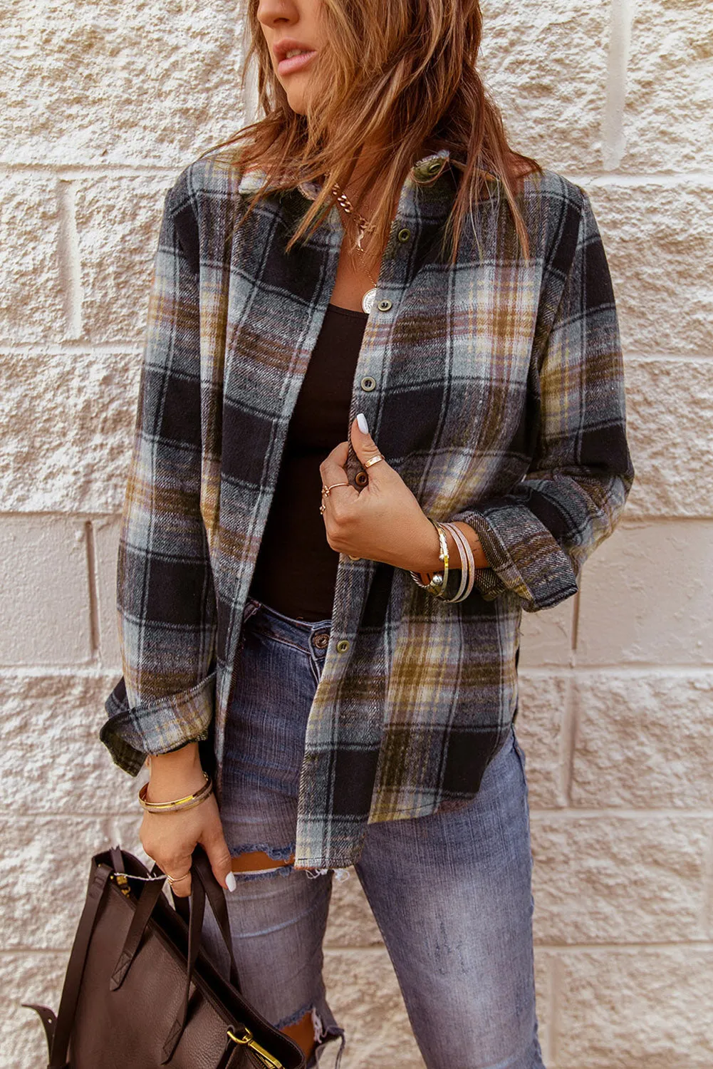 Black Plaid Collared Split Button Up Shacket